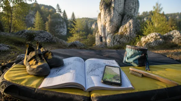 Topo boulderingowe i sprzęt wspinaczkowy na tle wapiennych skał Jury