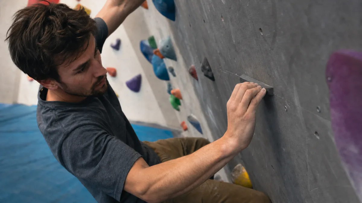 Wspinacz chwyta małą krawądkę podczas ruchu na ścianie boulderowej