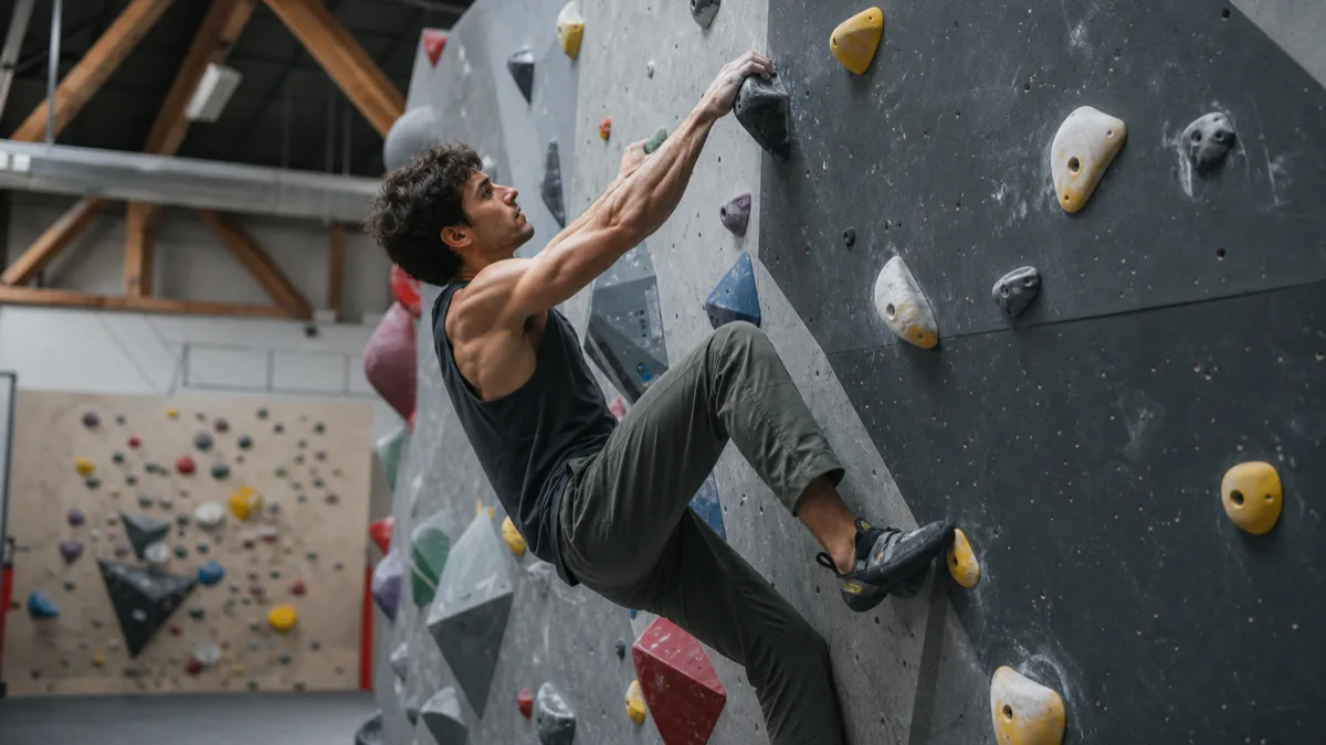 Wspinacz na boulderze wykonuje kontrolowany ruch z widoczną pracą ramion, barków i pleców