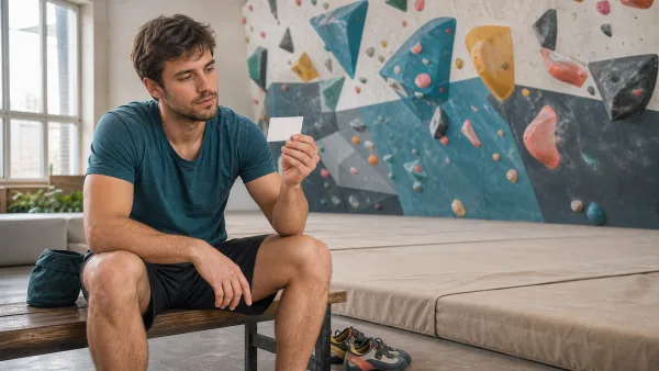 Wspinacz siedzi przy materacu boulderowni i ogląda pustą kartę członkowską po treningu