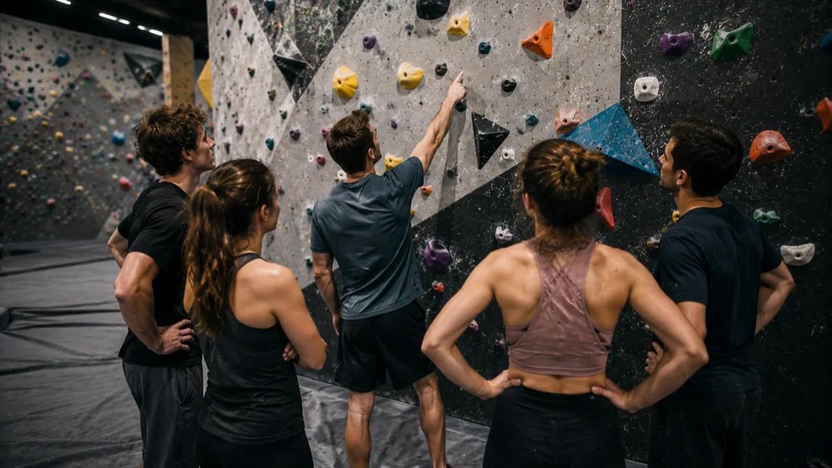 Wspinacz stoi przed ścianą boulderingową i analizuje trasę przed próbą