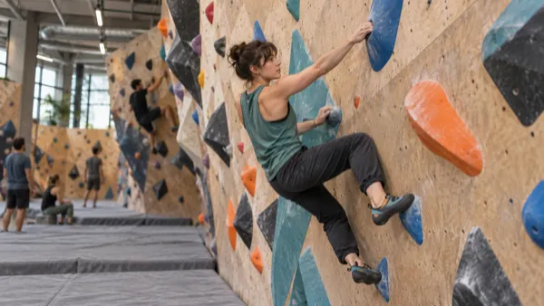 Wspinaczka na boulderze: osoba w zielonej koszulce ćwiczy balans przy bocznym ustawieniu ciała