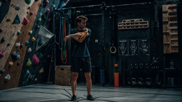 Buty wspinaczkowe na chwytach podczas spokojnej rozgrzewki przed boulderingiem