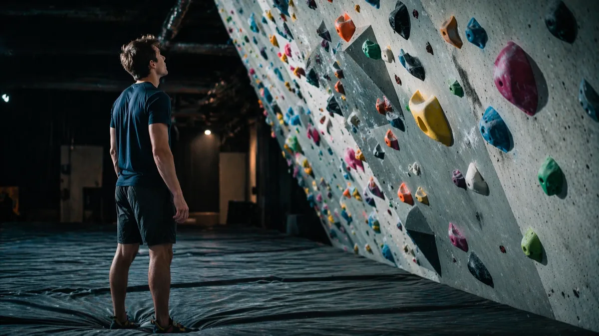 Wspinacz przy kolorowej ścianie boulderingowej w Warszawie — pierwszy trening