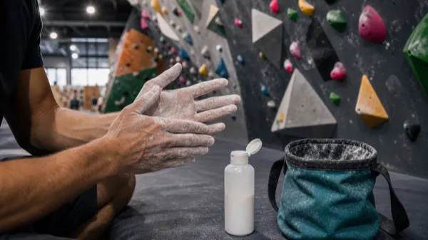 Dłonie pokryte cienką warstwą magnezji obok butelki liquid chalk i woreczka na magnezję na macie boulderowni