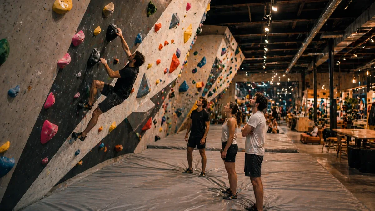Boulderownia w Warszawie — panel ze wspinaczami na kolorowych chwytach