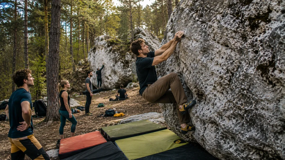 Wspinacz na naturalnych skałach wapiennych podczas boulderingu outdoor na Jurze